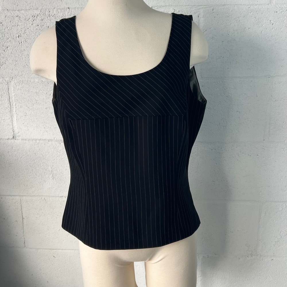 Tahari Womens Top Pinstripe Sleeveless Square Neck Black 14